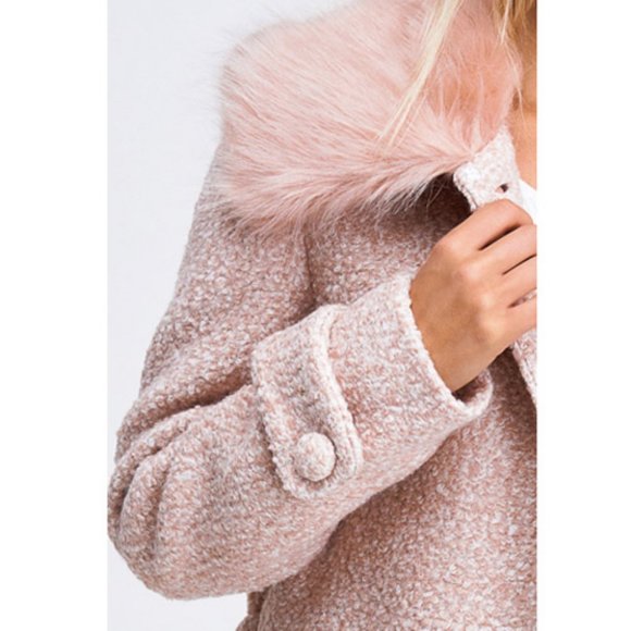 Pink Faux Fur Collar Wool Blend Single Breast Coat - Picture 4 of 10